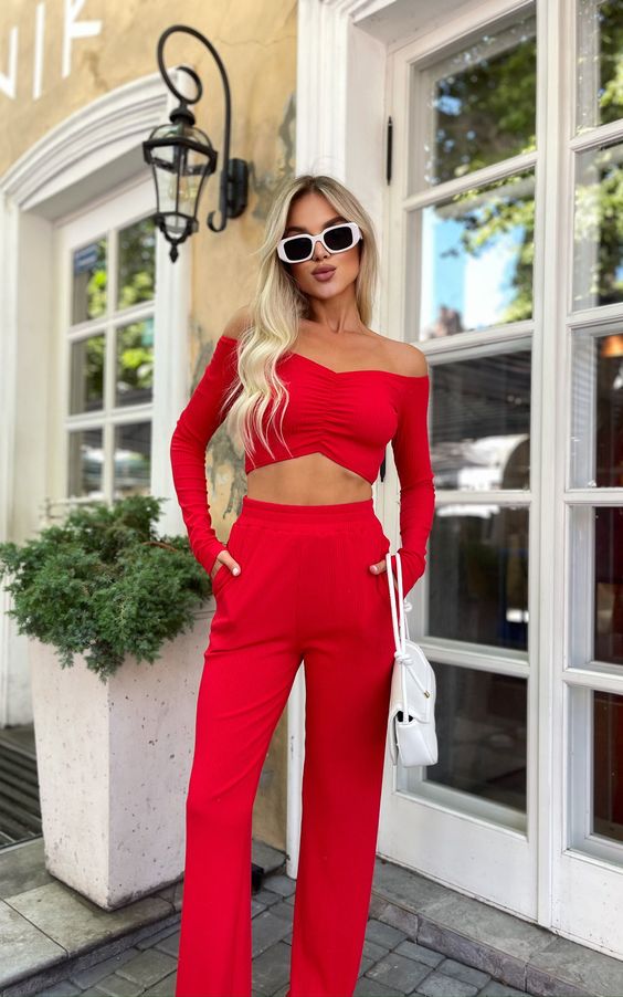 Red Off-Shoulder Crop Top with Matching Pants